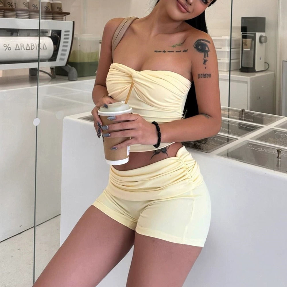 Zara Summer Solid Ruched Tube Top and Shorts Set